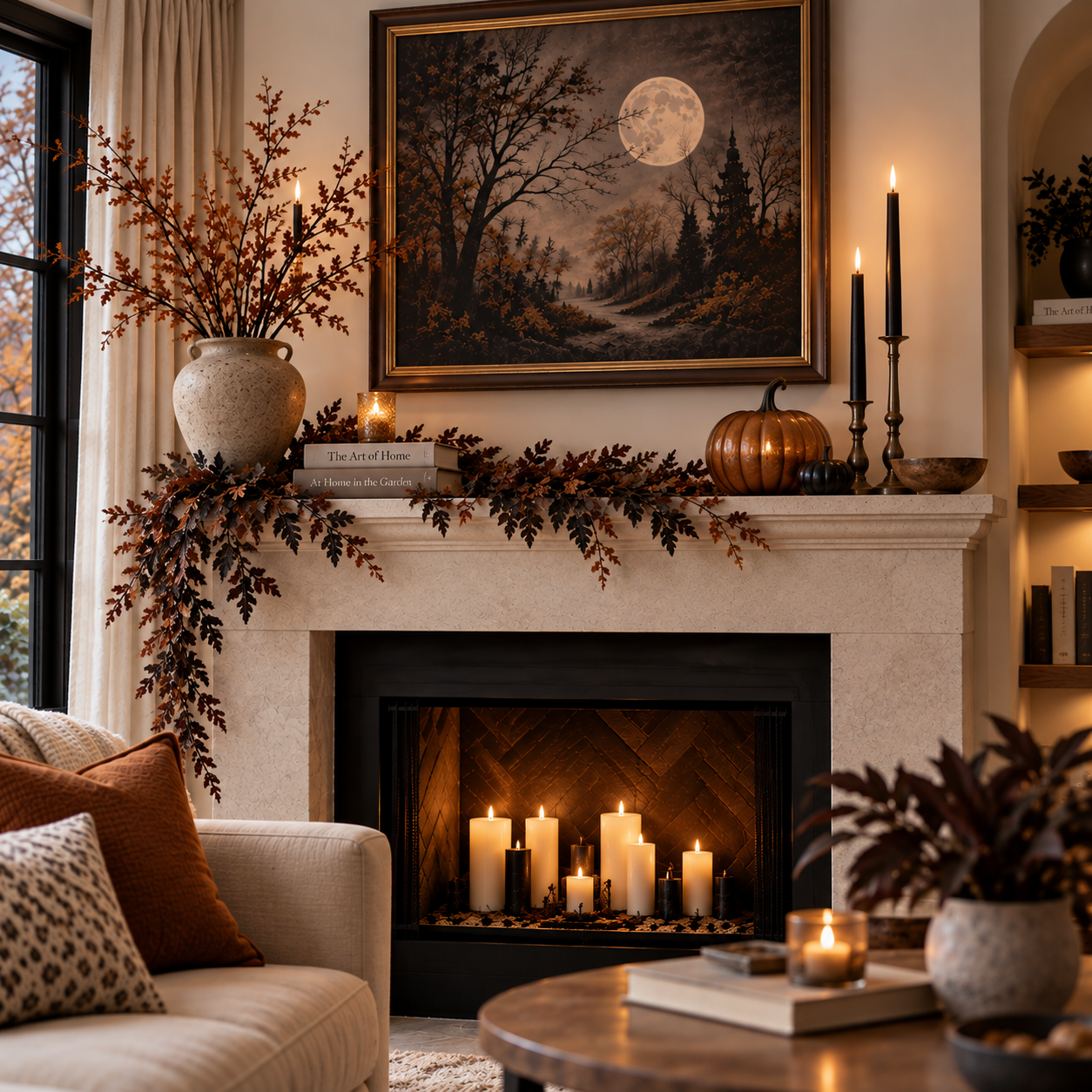 The same mantel restyled with one focal artwork, fewer objects and lit tapers