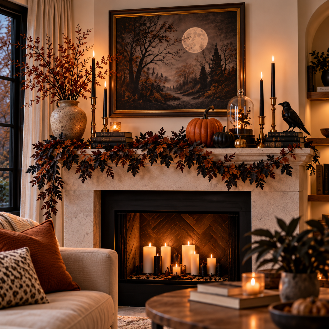 A mantel crowded with competing Halloween objects, garland, pumpkins and multiple figures