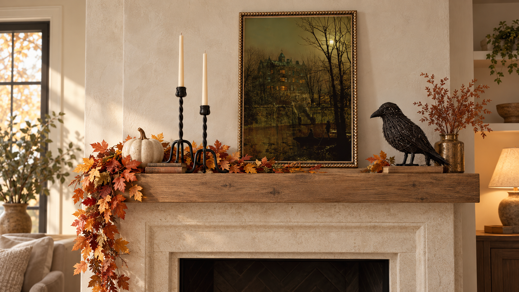 An asymmetrical mantel with leaf garland trailing to one side, a crow and tall black tapers