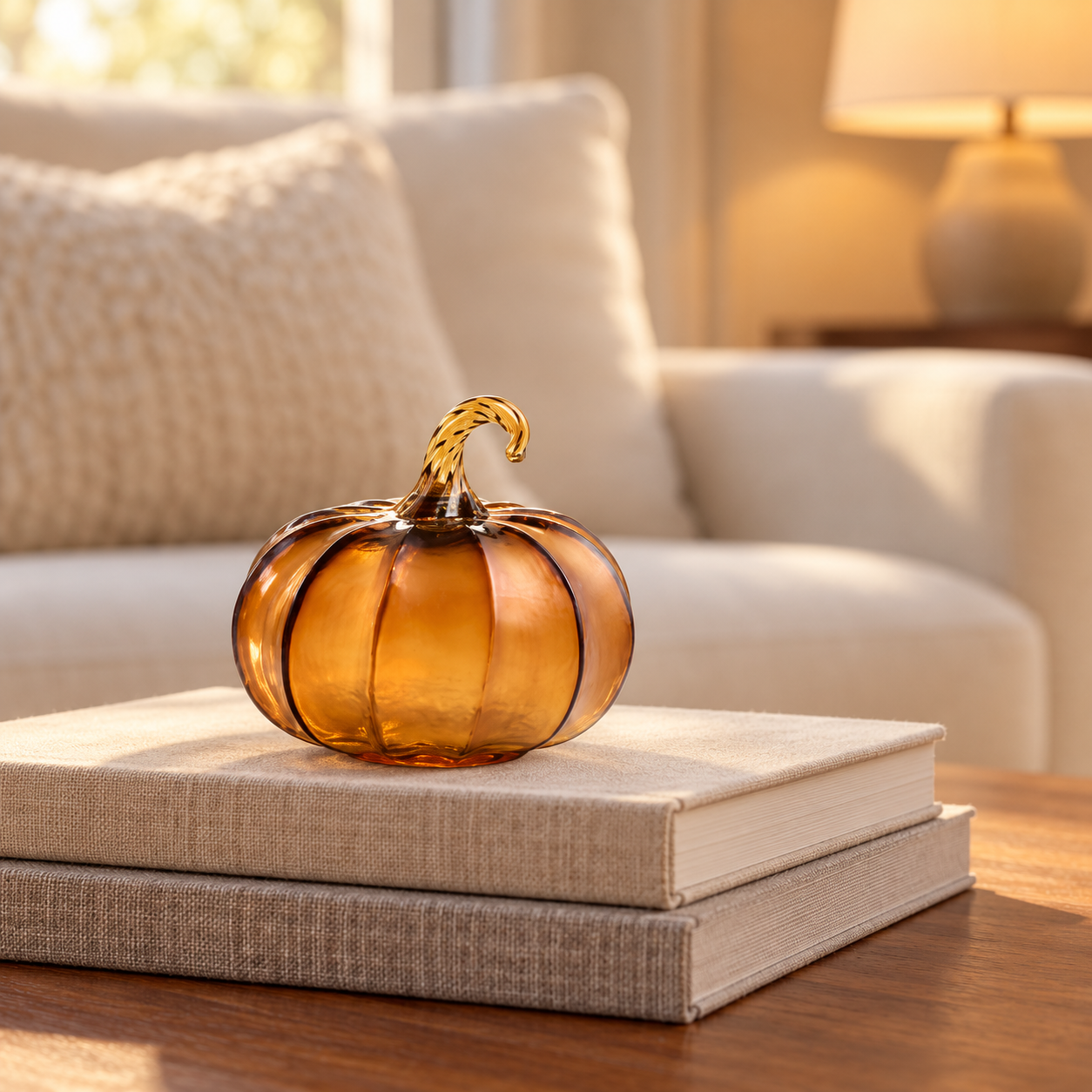 An amber glass pumpkin resting on a stack of books