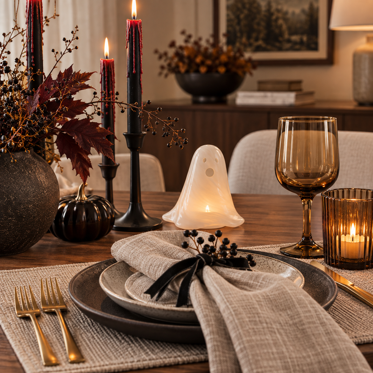 A single place setting with everyday dishes, a charcoal linen napkin and one small Halloween cue