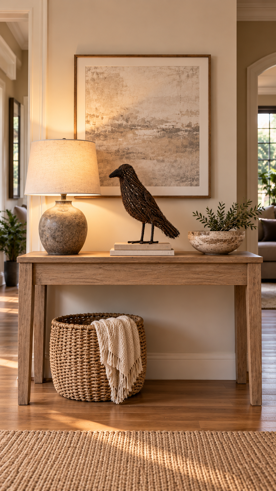 An entry console with a table lamp, framed art, a small planter and a single black crow