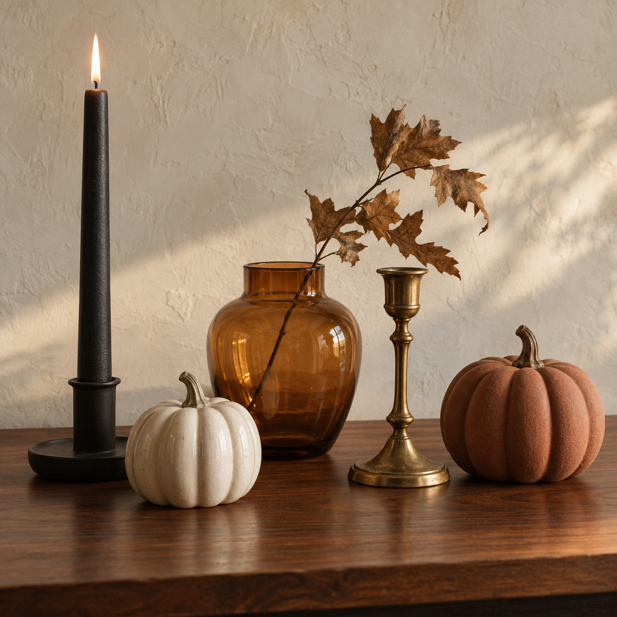 A grouping of cream, amber and black decor objects showing the article's five-color palette
