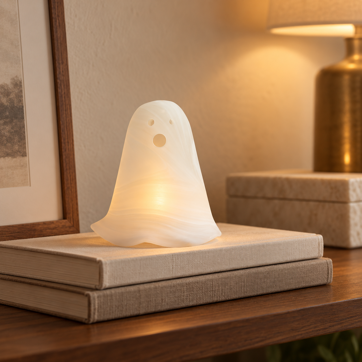 A white glass ghost cloche sitting on a stack of books