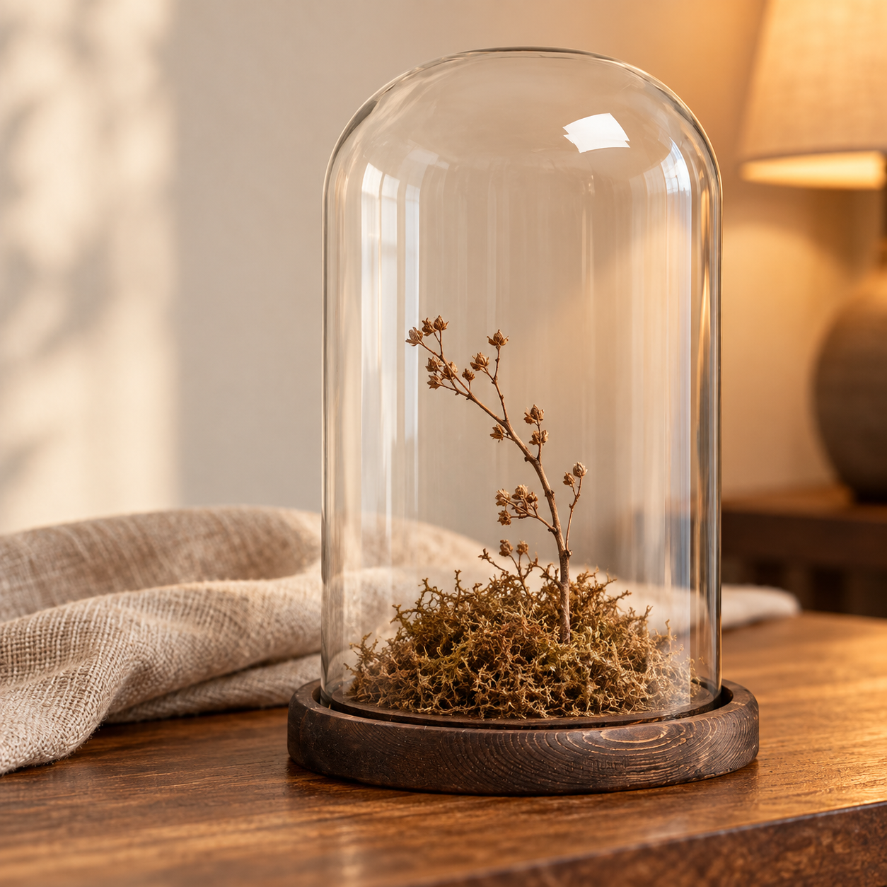 A glass bell jar cloche over dried moss and branches on a shelf