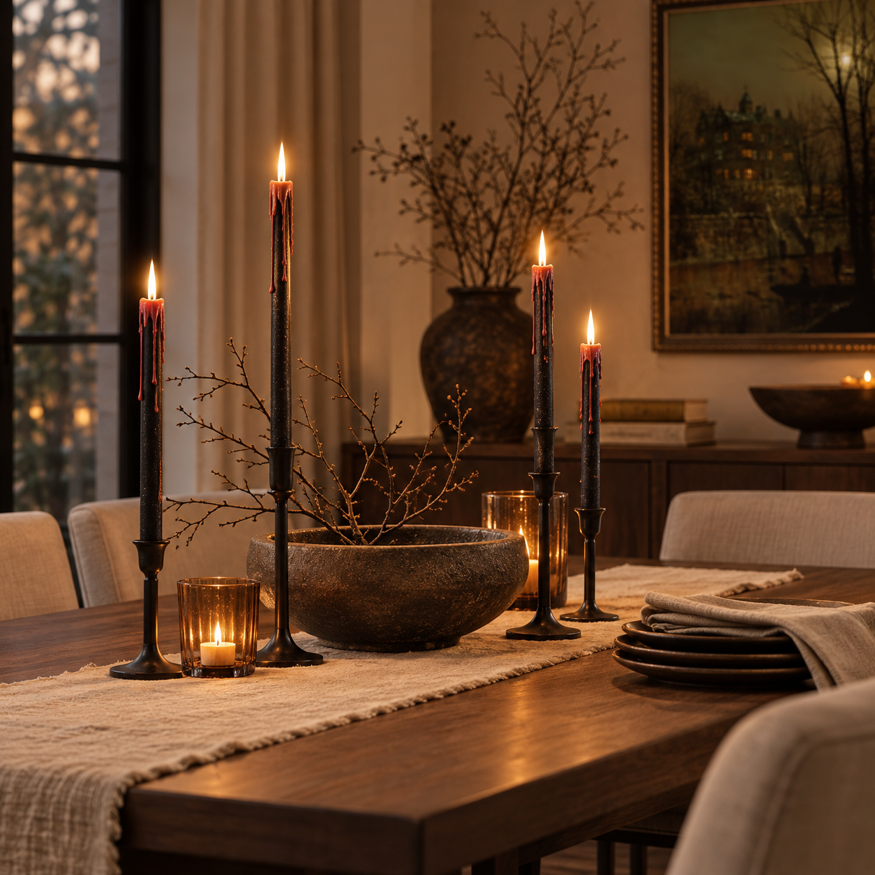 The same room at dusk with the candles lit and lamps on