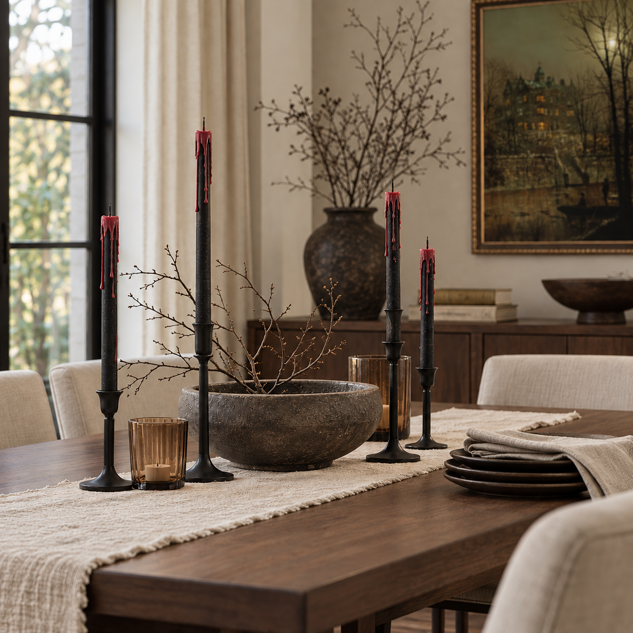 A styled room with candles unlit and flat overhead lighting