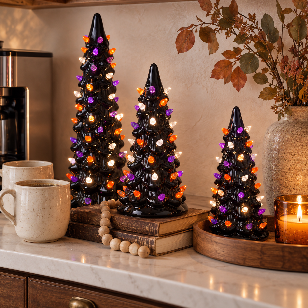 Vintage-style ceramic Halloween trees lit on a kitchen counter beside mugs