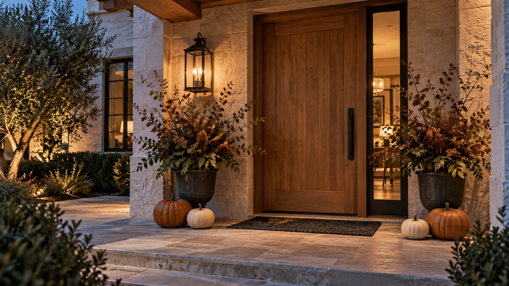 A front door styled with foliage, lanterns and a small grouping of pumpkins
