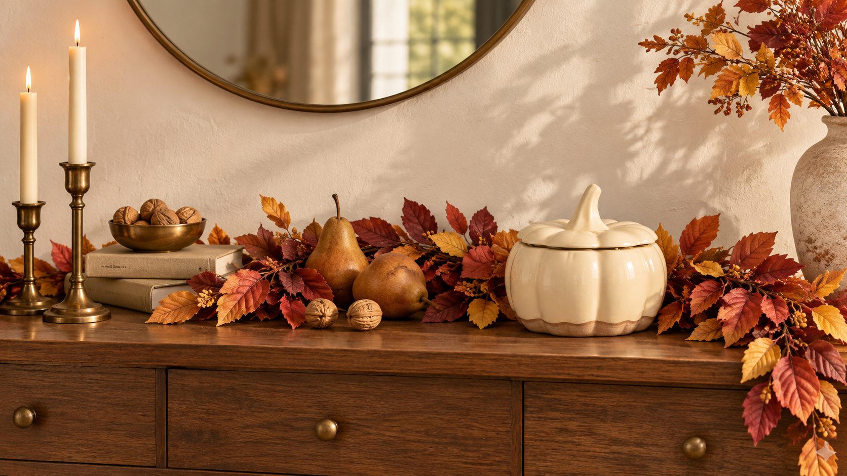 A console styled for the Thanksgiving swap with ivory tapers, branches and neutral pumpkins