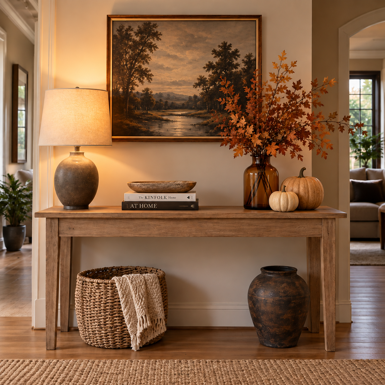 A console table styled with fall branches, a wood bowl, neutral pumpkins and a lamp