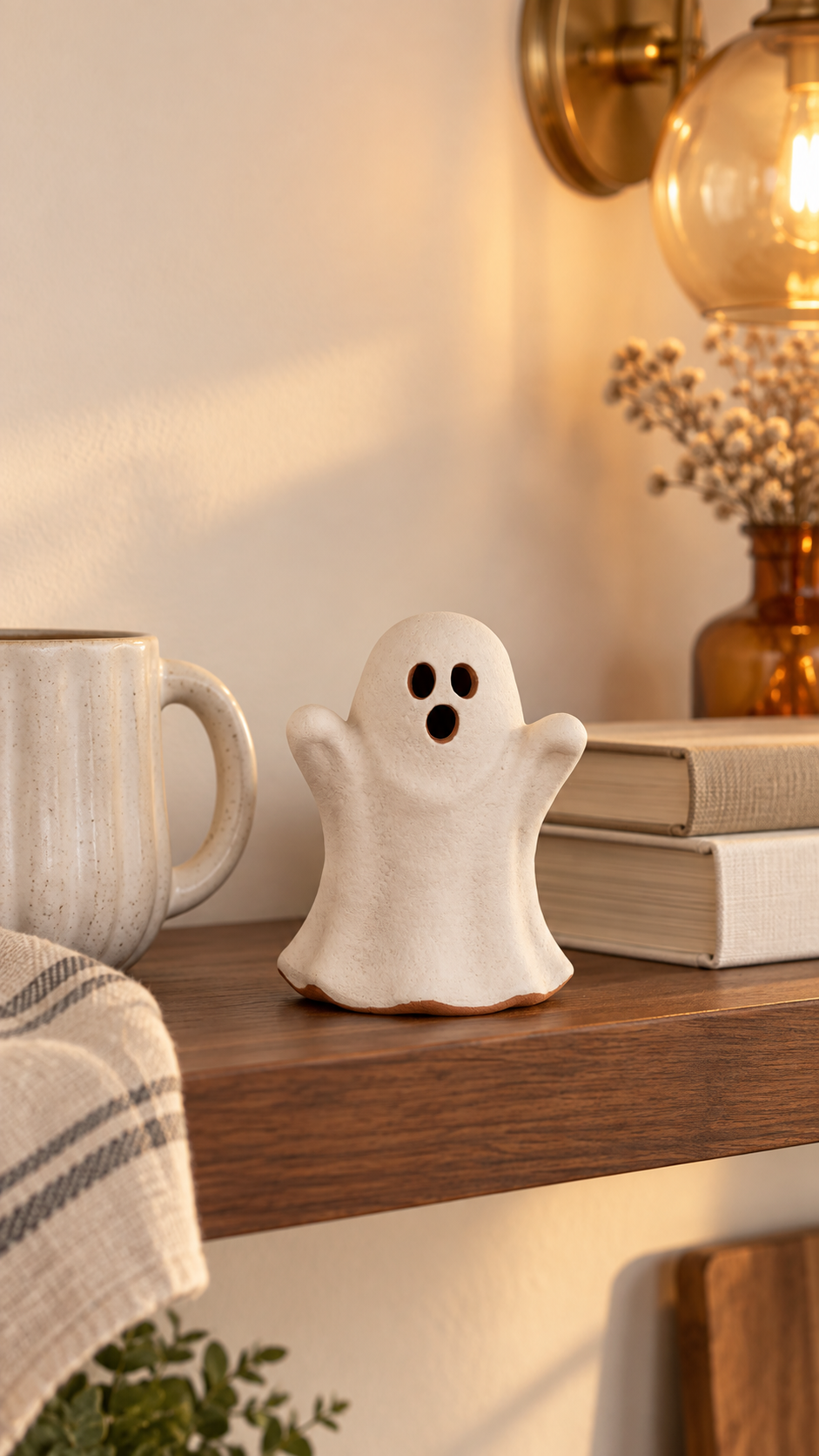 A small terra cotta ghost on a kitchen shelf