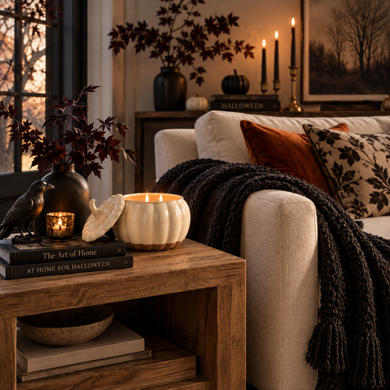 Cream ribbed ceramic pumpkin candle styled on a wood side table in an elegant Halloween living room.