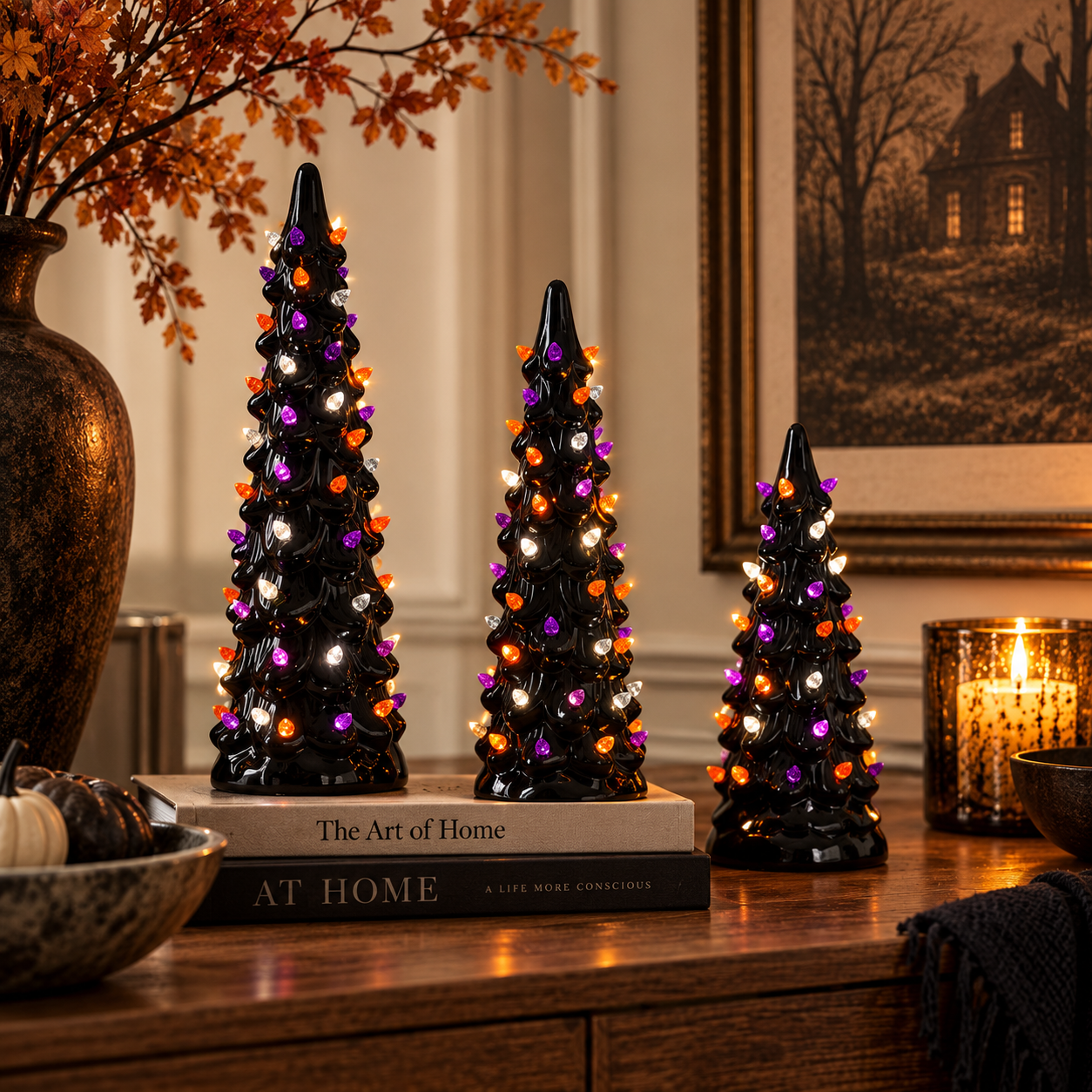 Three lit ceramic Halloween trees on a counter