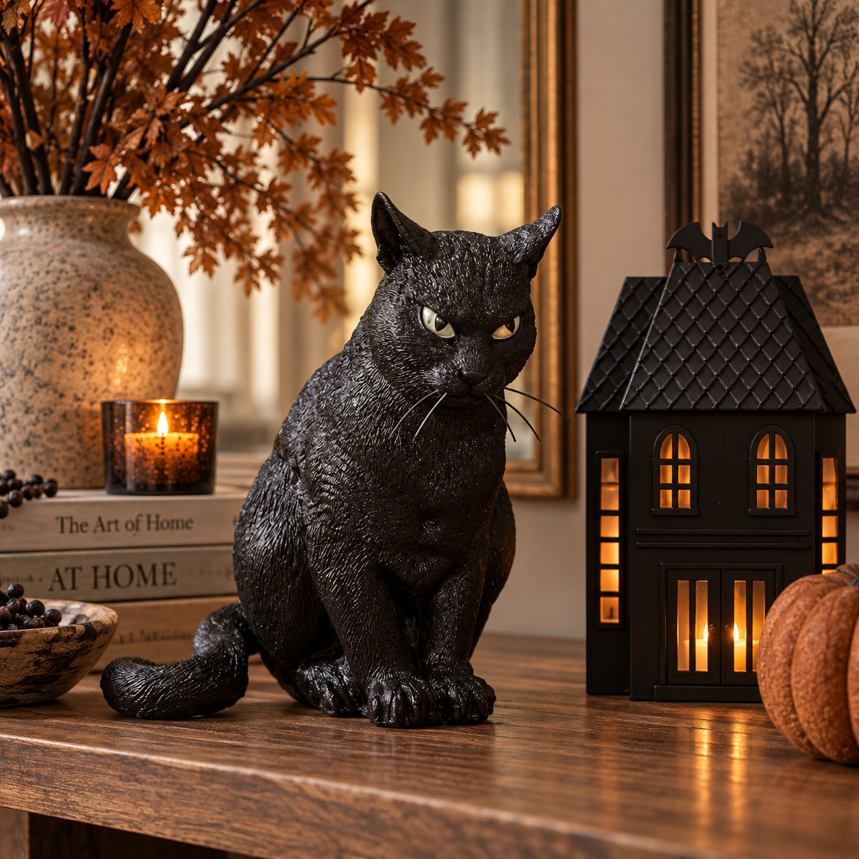 A sitting black cat figurine on a counter
