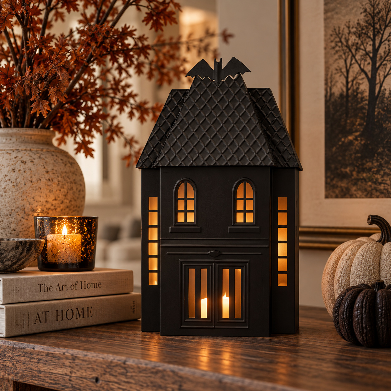 A black metal Halloween house sculpture with candlelight behind it