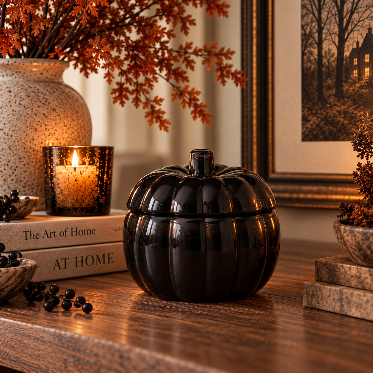 A black glass pumpkin jar candle on a wood table with fall foliage behind it
