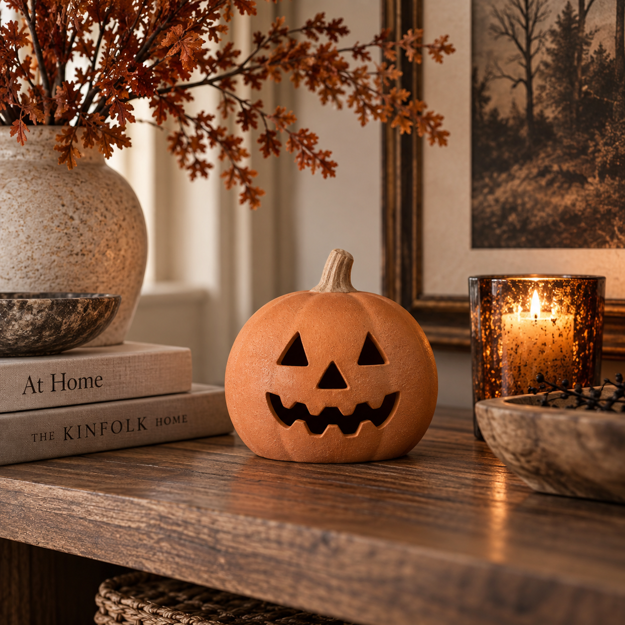 A small terra cotta jack pumpkin on a counter