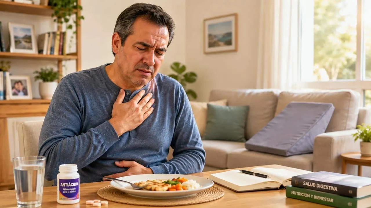 Hombre en la mesa del comedor con la mano en el pecho, junto a un frasco de antiácido