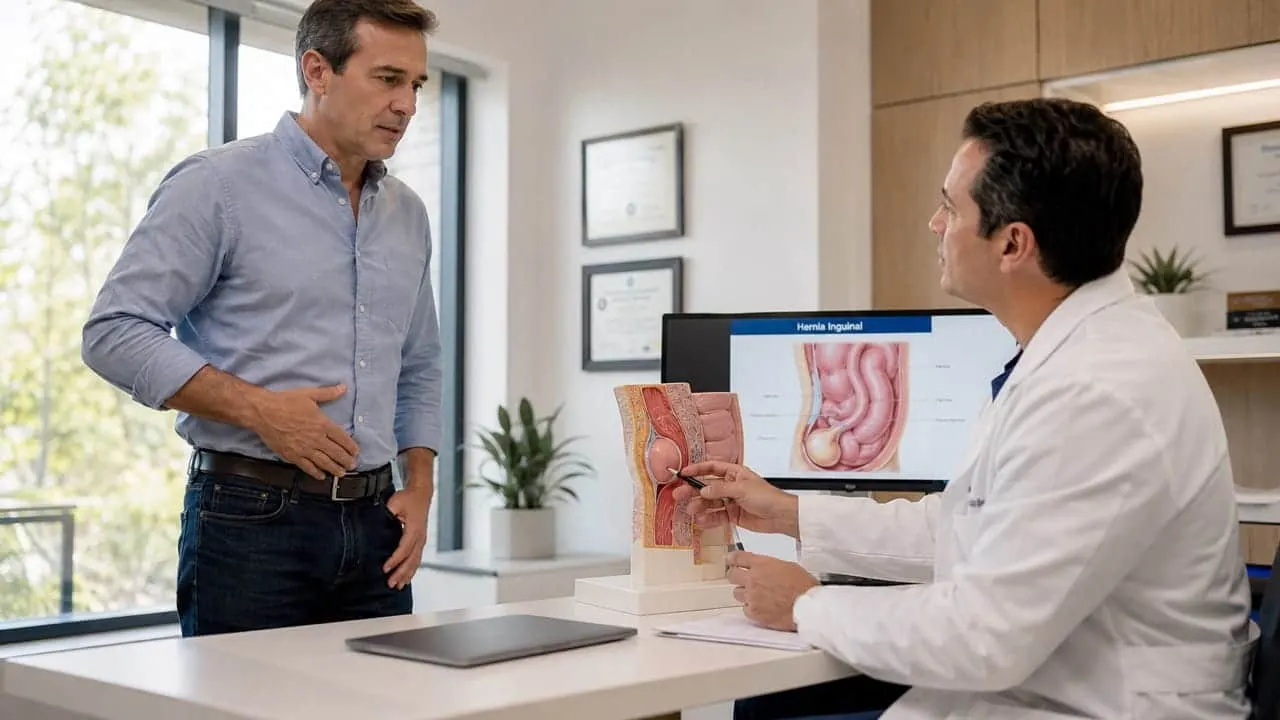 Paciente de pie se señala la ingle mientras un médico le explica con un modelo anatómico