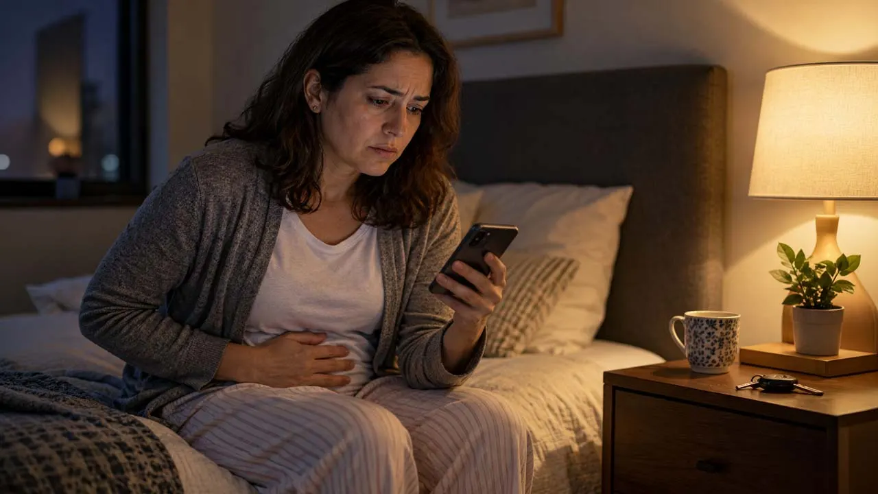 Mujer sentada en la cama de noche, con la mano en el abdomen, revisa su teléfono