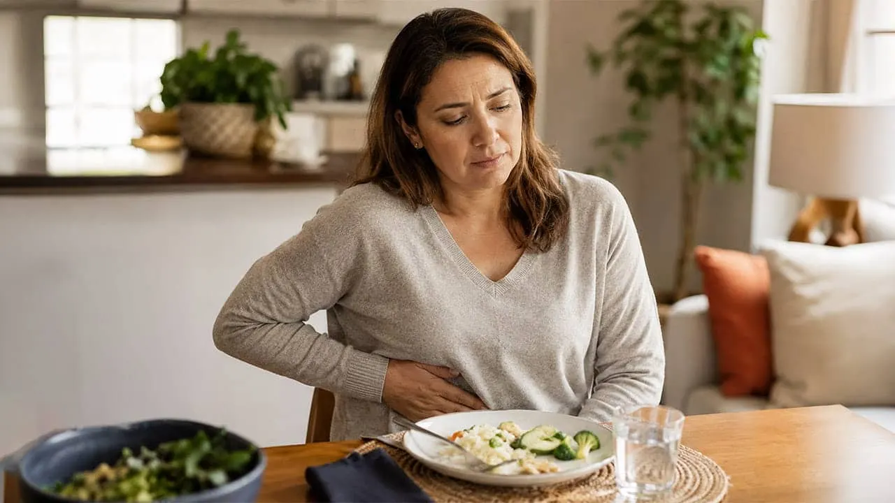 Mujer en la mesa del comedor con la mano del lado derecho del abdomen después de comer