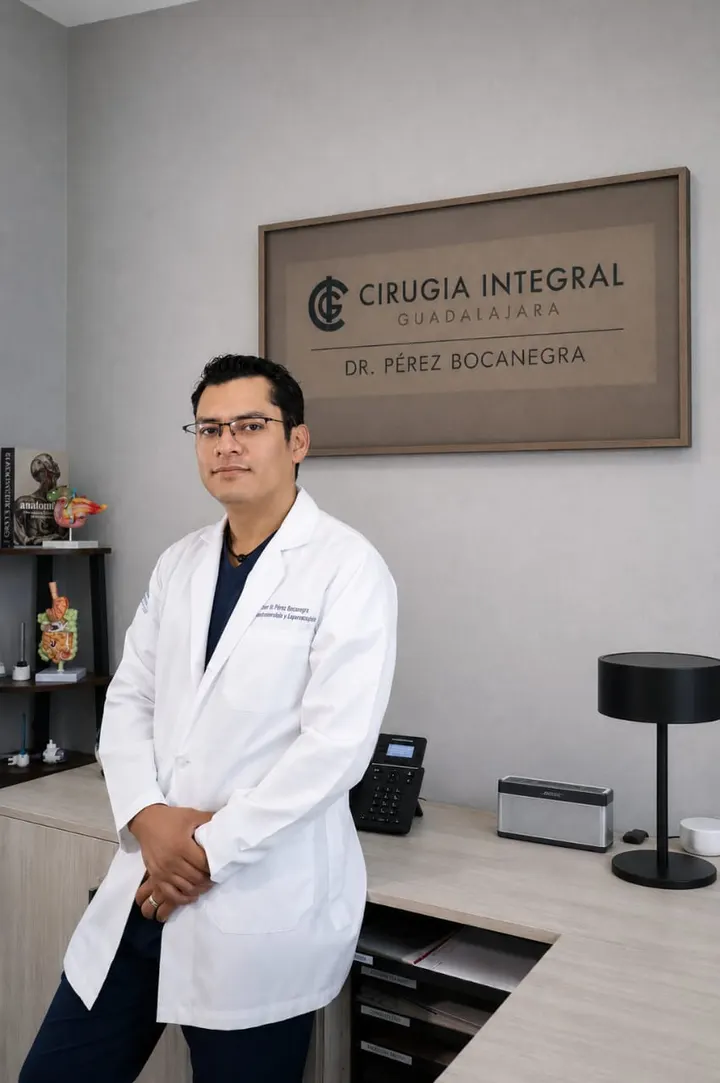 El Dr. Víctor Hugo Pérez Bocanegra con bata en su consultorio de Hospital Ángeles Andares