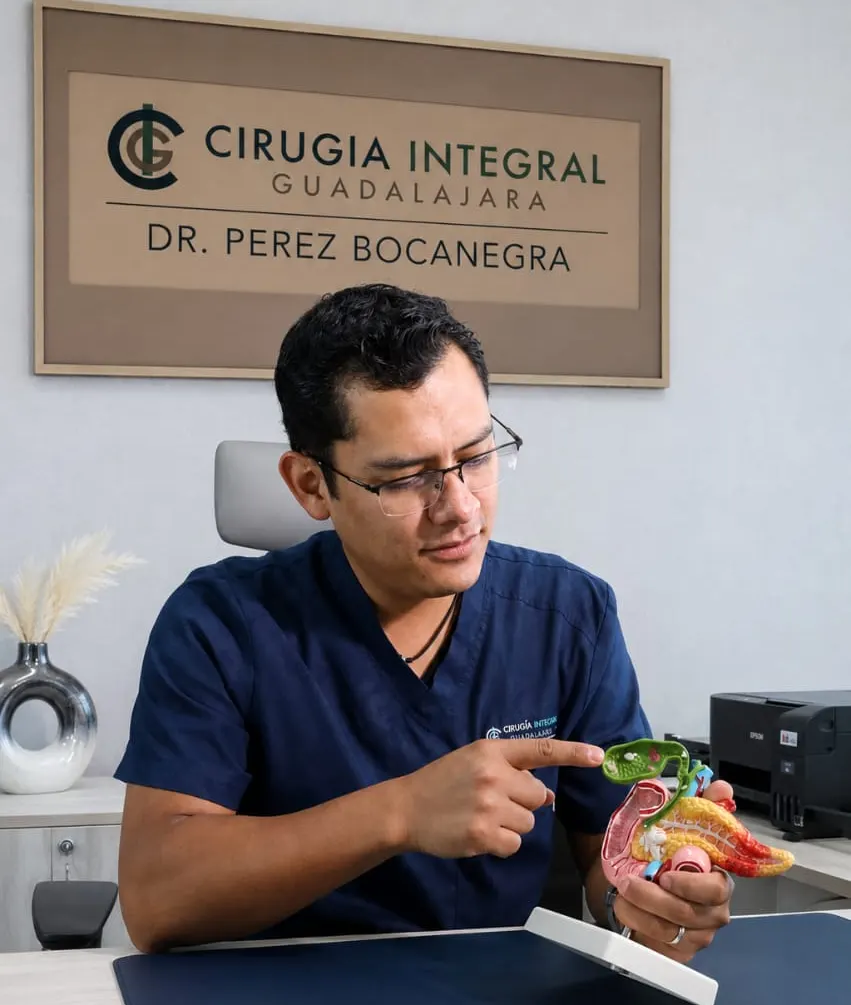 El Dr. Pérez Bocanegra explica con un modelo anatómico durante una consulta