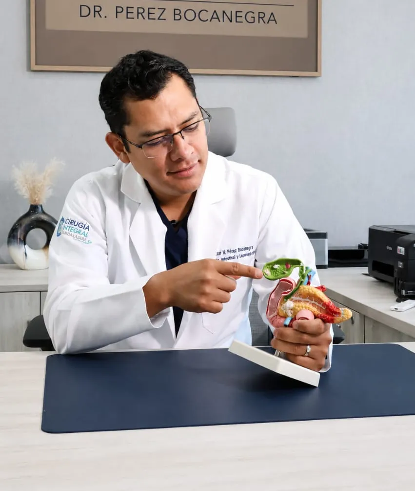 El Dr. Pérez Bocanegra explica un diagnóstico con un modelo anatómico