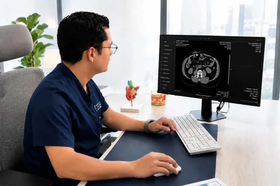 El Dr. Pérez Bocanegra revisa en su computadora las imágenes de un estudio