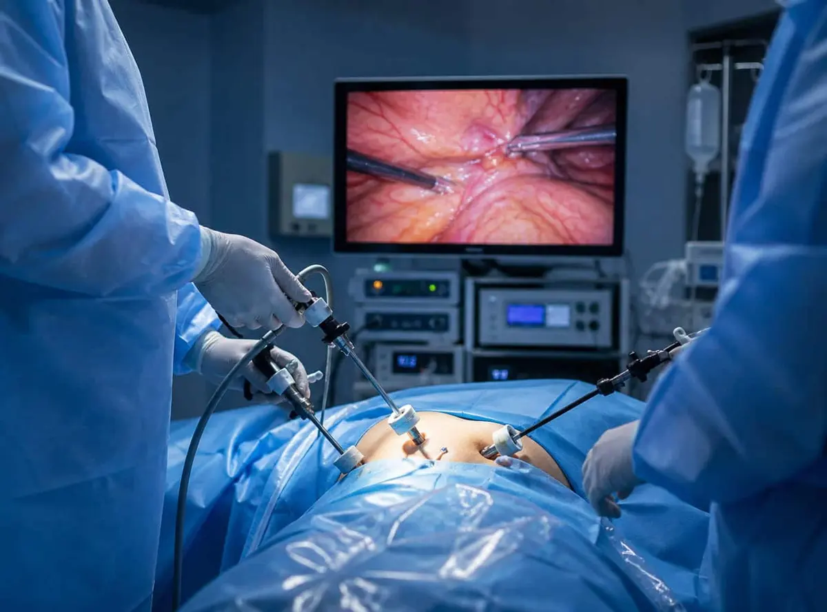 Cirugía por laparoscopía: el equipo opera con instrumentos delgados mientras observa la cámara en un monitor