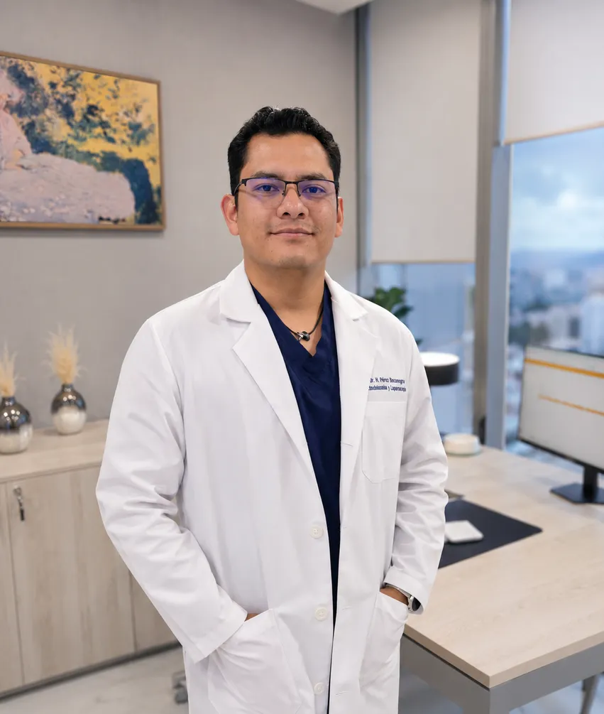 El Dr. Pérez Bocanegra con bata, de pie en su consultorio