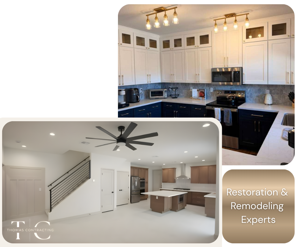 Modern kitchen and open-concept home remodel completed by Thomas Contracting with new cabinets, lighting, and flooring