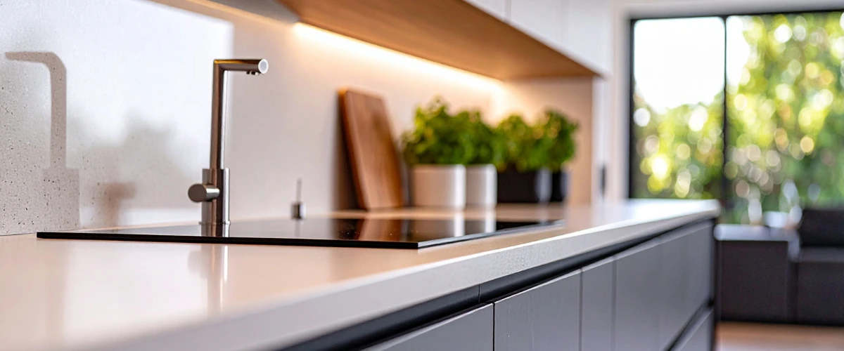 Minimalist white quartz kitchen countertop with built-in sink, induction cooktop, and natural lighting.