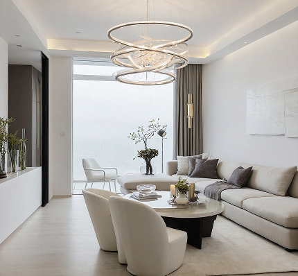 Aménagement d'un salon de luxe contemporain aux tons neutres, mettant en valeur un éclairage architectural moderne et un mobilier sophistiqué.