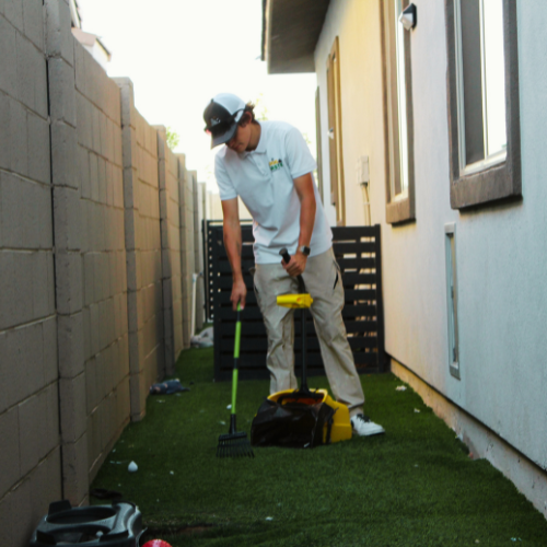 TC Dog Waste Removal technician cleaning a residential artificial-turf yard in Arizona