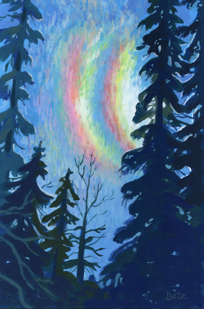 acrylic gouache painting of iridescent cloud
