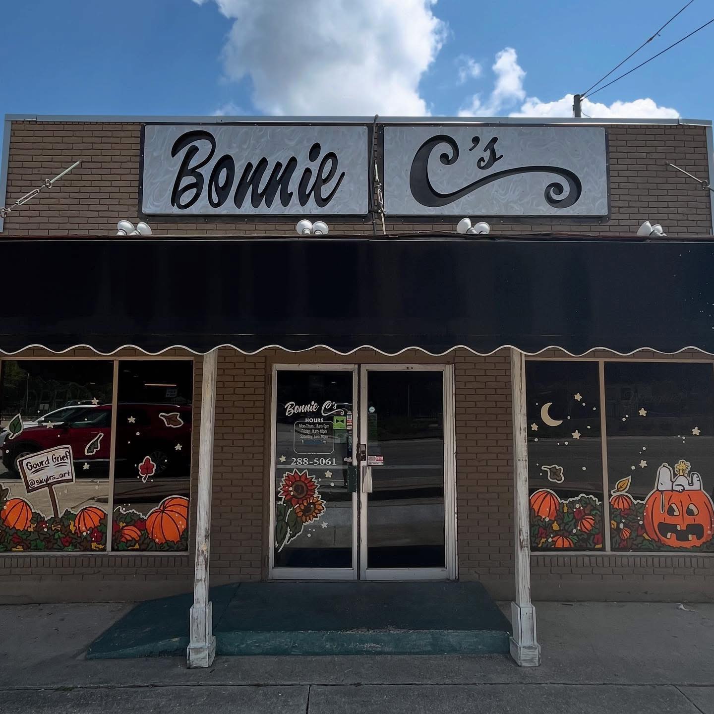 Bonnie C's script sign and black awning over the brick storefront at 1768 Front Street, Slidell