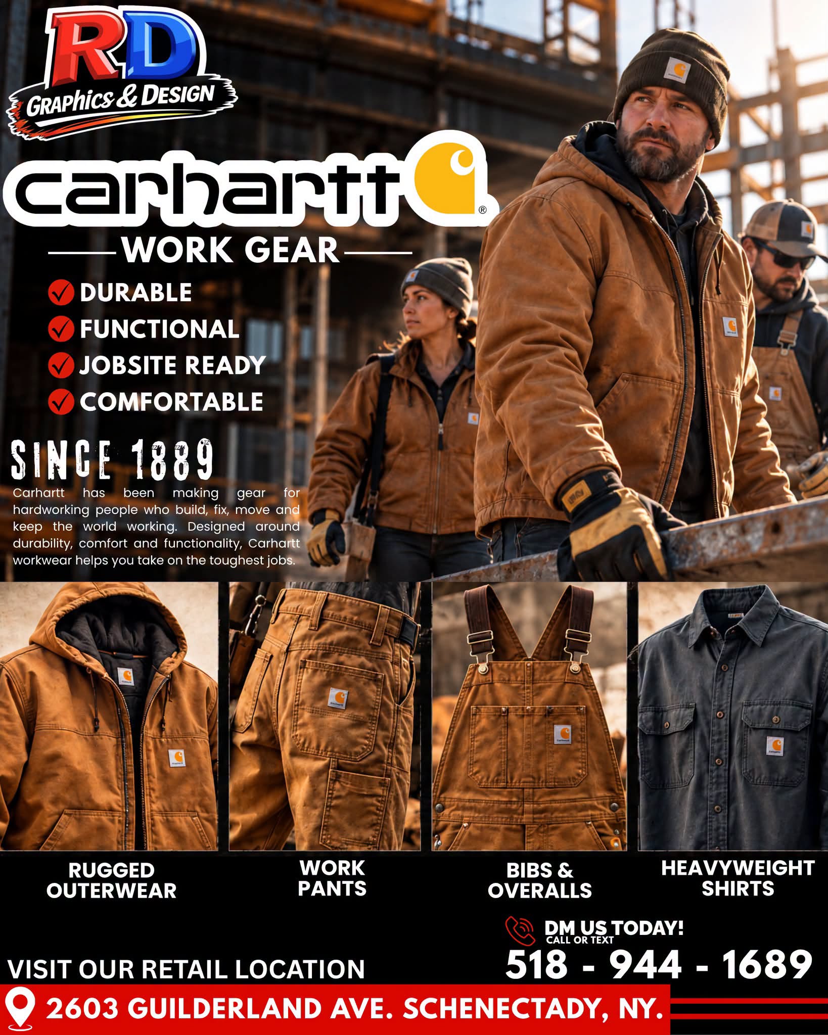 Customized Carhartt® workwear and OccuNomix® safety gear carried by RD Graphics & Design