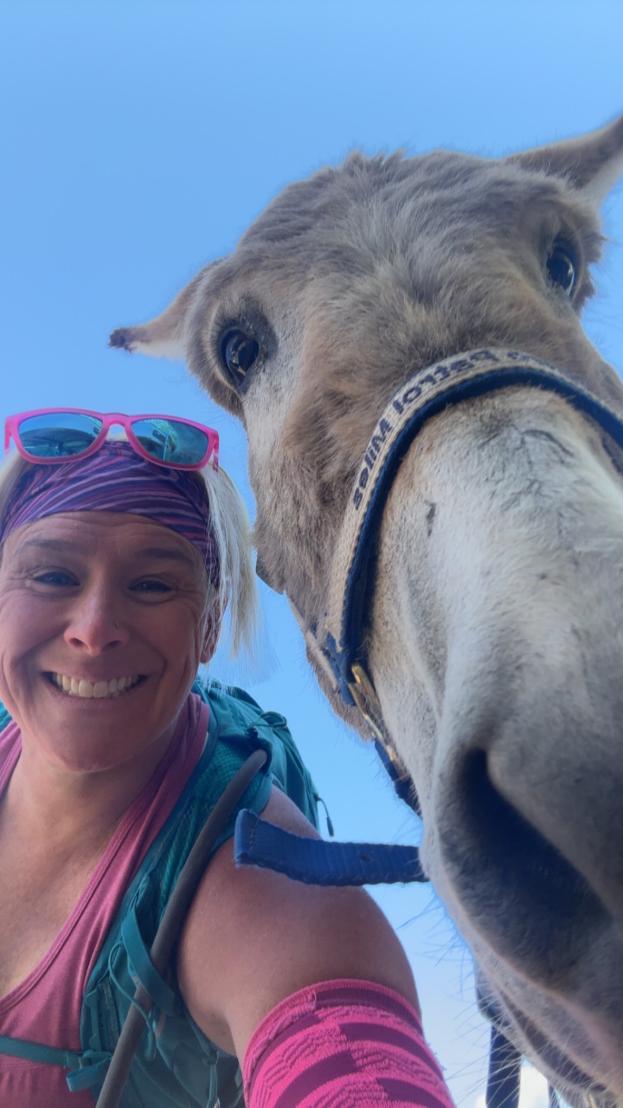 Dani on a trail with Miles the donkey