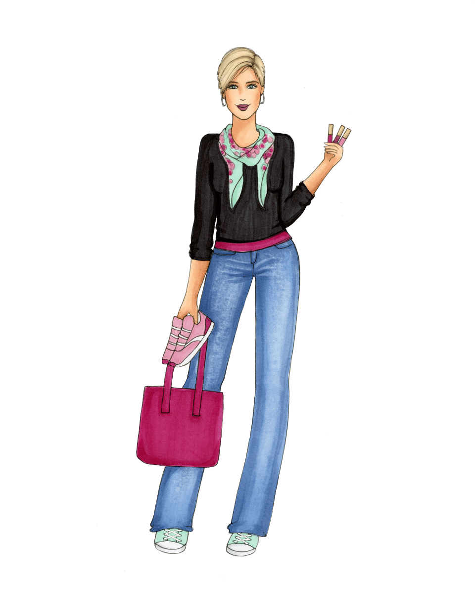 Illustration of Dani holding LipSense and a raspberry tote