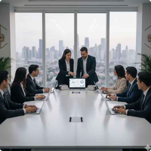Diverse business team in a bright office, collaborating around a table with digital devices, gold accents in decor, and a large window. The group is focused and engaged, representing efficiency and modern AI-driven teamwork.