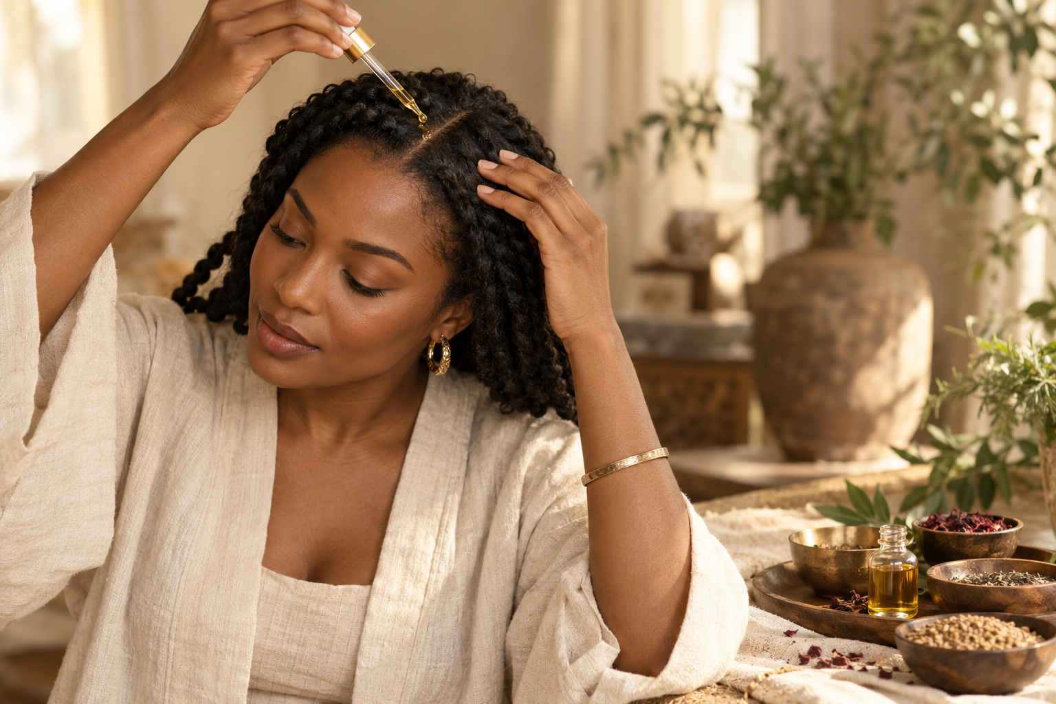 A woman applying botanical oil to her scalp as part of an intentional hair-care ritual
