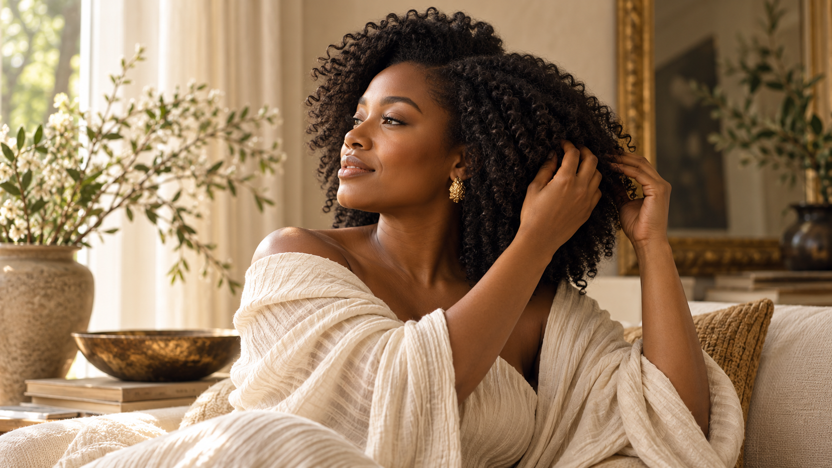 A woman gently caring for her natural textured hair as an intentional crown-care ritual