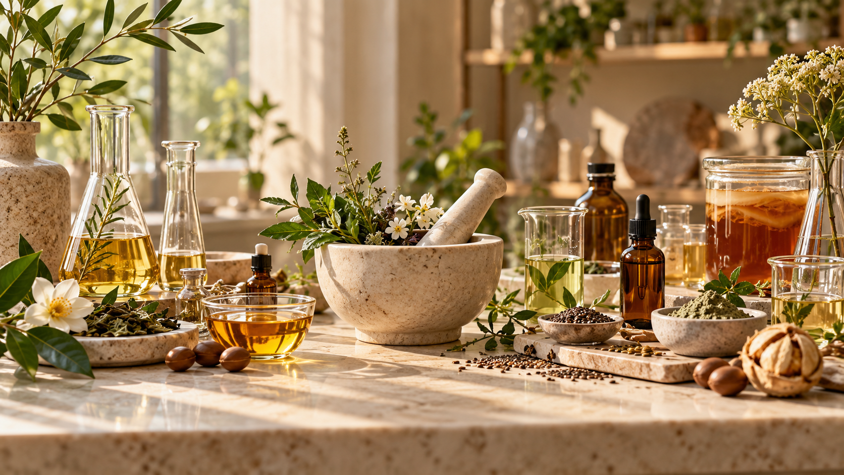 Botanical extracts and cosmetic formulation tools arranged in a warm ingredient studio