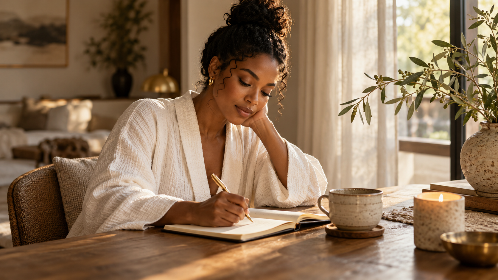 A woman journaling during a calm and intentional morning ritual