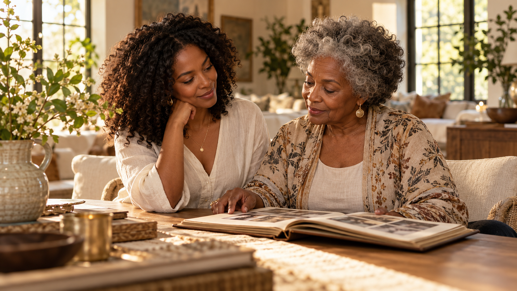 Two generations sharing family memories and wisdom through an old photo album
