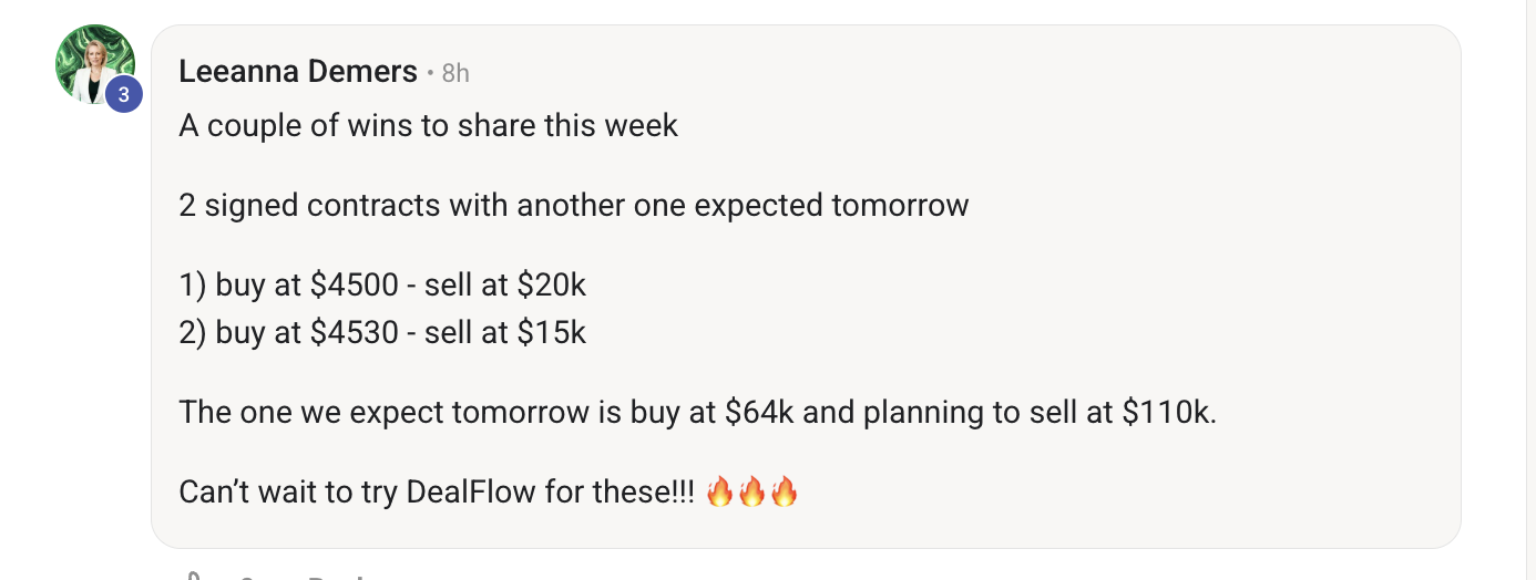 Leeanna closed 2 deals, anticipating a third - $100K+ profit! screenshot