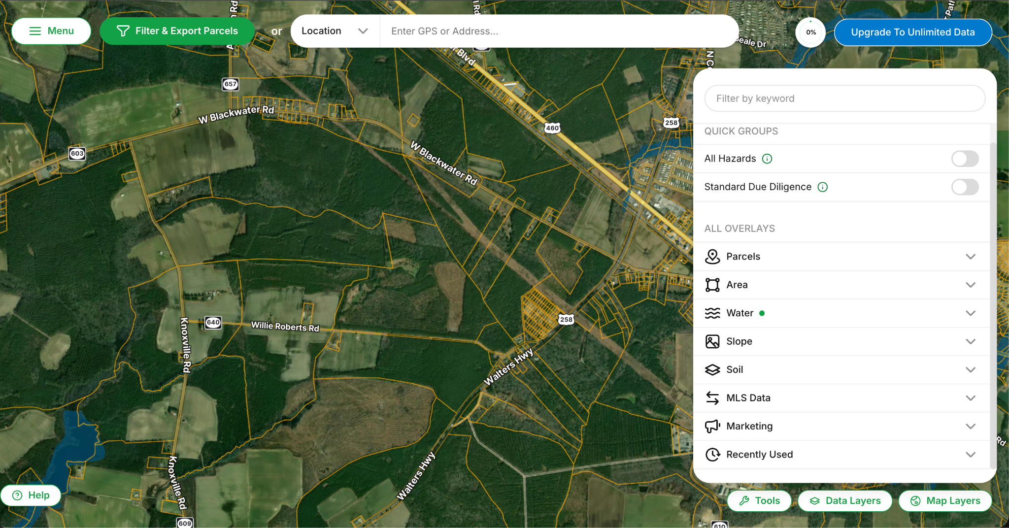 Parcel and satellite map with land research overlays