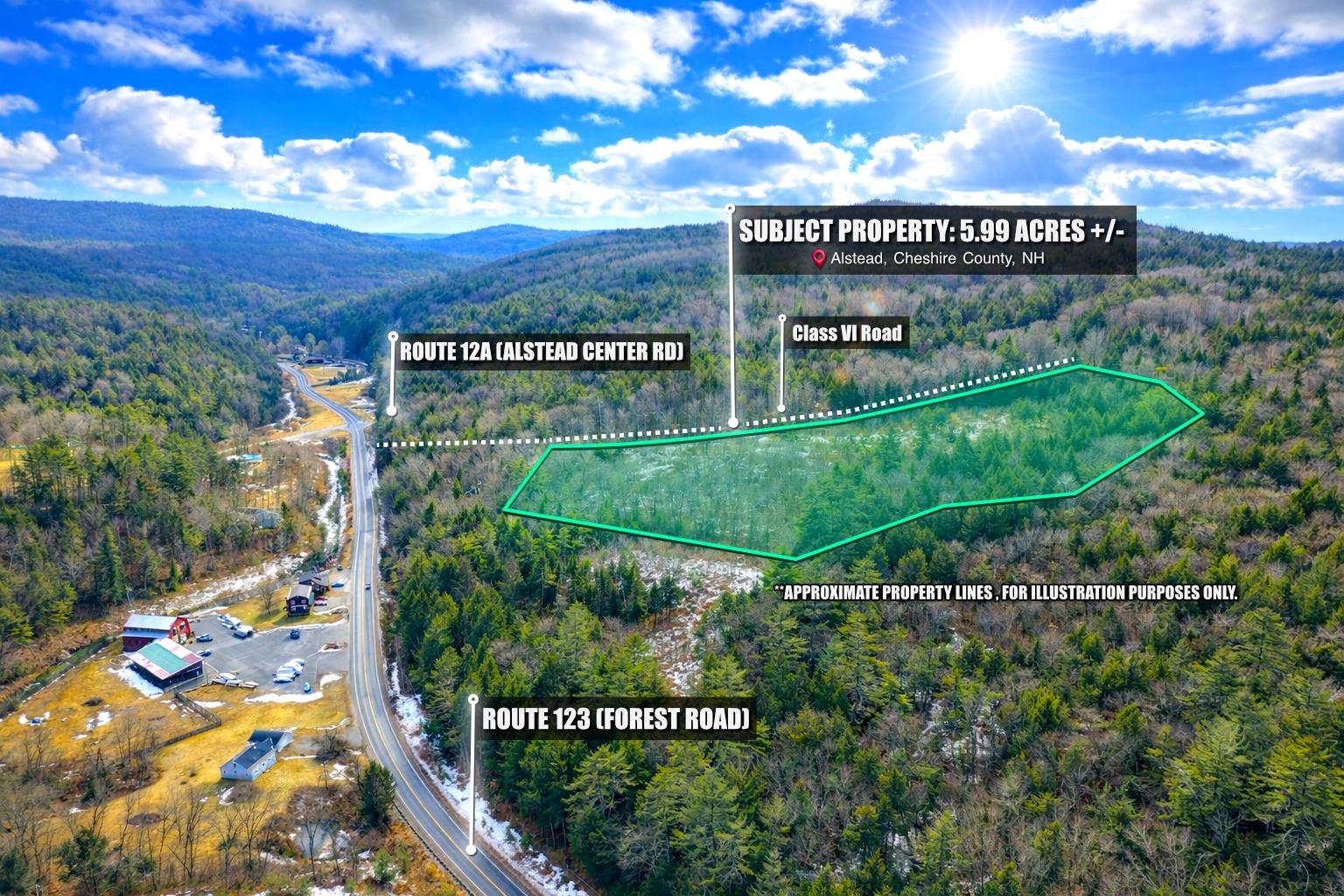 Annotated aerial listing photo of a 5.99-acre Alstead property